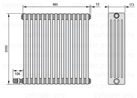 Схема (чертеж) Радиатор Zehnder Charleston 5200/15 №V003 Белый глянцевый RAL 9016